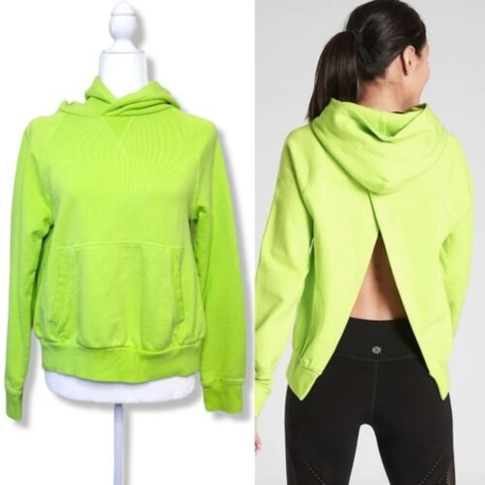 Athleta Moonrise Hoodie Neon Green Size XS pouch Pocket Cut out back Sweater